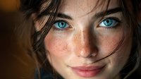 Young woman with striking blue eyes and freckles looking directly at camera with natural makeup and tousled brown hair for beauty and portrait photography.