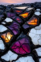 Dramatic cracked ice pattern with vibrant purple and orange light glowing through frozen lake surface at sunset, creating abstract mosaic effect in winter landscape.