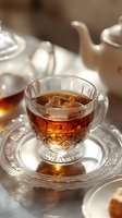 Crystal glass teacup filled with amber-colored tea and ice cube on ornate silver saucer, soft natural lighting creates elegant reflections and shadows.
