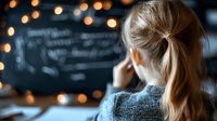 Blonde woman looking at chalkboard menu in cozy cafe with bokeh lights. Atmospheric evening scene captures contemplative moment in restaurant setting.