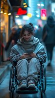 Young woman in wheelchair using smartphone on busy city street at night with colorful neon lights and blurred pedestrians in background.