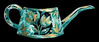 Decorative watering can with turquoise and gold floral pattern, isolated on transparent background. Ready for clipart, t-shirt design, stickers, print-on-demand products, and sublimation projects.