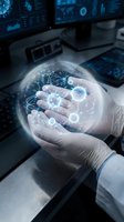 Hands holding glowing digital network sphere with connected nodes and data visualization screens in modern technology workspace for innovation concepts.