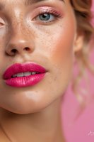 Close up portrait of young woman with freckles, bright pink lipstick, natural glowing skin and blue eyes against pink background. Professional makeup artistry.