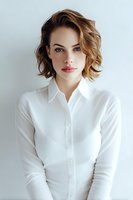 Young woman with wavy bob hairstyle wearing classic white button-up shirt against light background. Professional portrait for business or fashion.