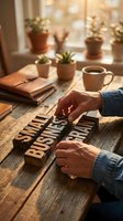 Entrepreneur hands arranging wooden letter blocks spelling SMALL BUSINESS on rustic desk with coffee cup and plants in warm sunlight for startup concept.