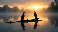 Two cormorants perched on a log at sunrise, silhouetted against golden sky and misty water. Ideal for nature, wildlife, and peaceful morning themes.