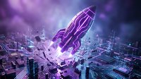 Neon glowing rocket launching from futuristic digital cityscape with purple and blue light effects, symbolizing startup growth, innovation, and technology advancement for business concepts.