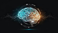 Digital brain with glowing neural networks and circuit patterns on dark background for technology and artificial intelligence concepts.