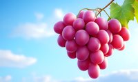 Fresh ripe red grape cluster with green leaf hanging against bright blue summer sky with white fluffy clouds, macro shot of juicy grapes in sunlight.