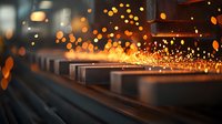 Bright orange sparks and glowing particles fly from metal surface in industrial setting with dramatic bokeh lighting effects and dark background.