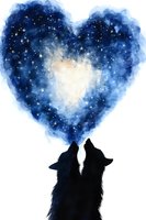 Silhouettes of two howling wolves against starry night sky forming heart shape in watercolor style, dark blue cosmic background with glowing stars.