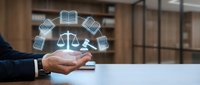 Professional lawyer presenting digital legal services with holographic icons of law books and scales of justice in modern office environment.