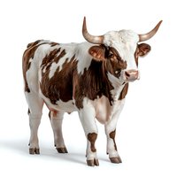 Brown and white spotted longhorn cow standing on white background, isolated farm animal with horns looking at camera. Ready for commercial use.