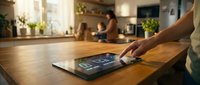 Modern smart home control panel on wooden kitchen counter with family cooking in background showcasing connected living technology and automation.