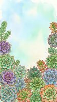 Watercolor succulent frame border with colorful plants on soft pastel background for wedding invitations and botanical design projects.