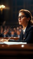Professional businesswoman in glasses speaking at podium during corporate conference or legal hearing with warm lighting and audience background.