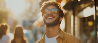 Young Latino man with sunglasses and brown jacket smiling outdoors during golden hour sunset, showing genuine happiness and confidence against urban background.