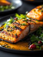 Grilled salmon fillet with black sesame seeds and honey glaze sauce served on dark plate with fresh herbs and cranberries, close up macro food photography.