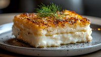 Golden baked potato gratin with crispy caramelized top layer and fresh dill garnish on ceramic plate. Comfort food for restaurant menus and cooking blogs.