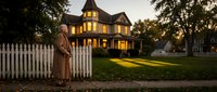 Woman in brown coat standing by white picket fence looking at illuminated Victorian house during golden hour evening light creating warm residential atmosphere.