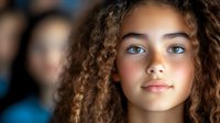 Young mixed race woman with natural curly hair and striking blue eyes looking directly at camera against blurred background, soft lighting enhances facial features.