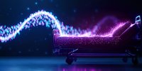 Magical glowing particles flow from hospital bed creating ethereal wave pattern against dark background with purple and blue light effects.
