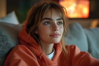 Young Caucasian woman in orange hoodie relaxing on couch at home, soft evening lighting creates warm atmosphere, natural makeup and blue eyes looking away pensively.