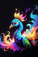 Vibrant fantasy bird illustration with rainbow-colored plumage and decorative swirls on black background, perfect for modern digital art projects and magical design concepts.