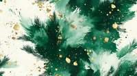 Festive emerald green watercolor pine branches with gold splatter effect on white background. Abstract winter holiday art for seasonal greeting cards.