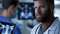 Confident medical professional with ginger beard wearing white coat examines dental x-rays on digital devices in modern healthcare facility background.