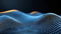 Futuristic wave pattern made of glowing dots against dark background with golden light effect creates dynamic flowing motion and depth for technology designs.