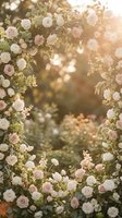 Romantic floral arch with pink and white roses in golden sunlight creates dreamy wedding ceremony backdrop with soft bokeh and warm natural lighting.