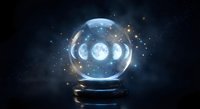 Mystical crystal ball with glowing moon phases inside on dark starry background for fortune telling and spiritual divination concepts.