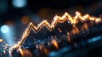 Glowing financial chart with upward trending arrow made of golden lights showing business growth and market success against dark background with bokeh effects.