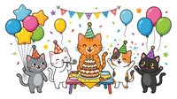 Cute cats celebrating birthday party with balloons, cake, and festive decorations. Isolated clipart design suitable for greeting cards, invitations, t-shirts, and children's illustrations.