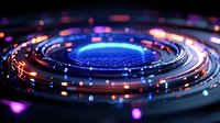 Futuristic circular technology background with glowing blue center and rotating rings featuring purple and orange light effects. Digital innovation concept.