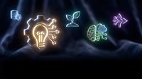 Neon glowing icons representing innovation, sustainability, and technology on dark background. Symbols include lightbulb, plant, brain, and arrows for business and design projects.