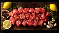 Raw beef tenderloin cubes seasoned with salt, pepper on wooden cutting board with fresh thyme sprigs, garlic cloves, and lemon halves for marinade preparation.