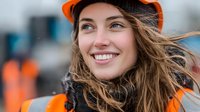 Young female construction worker with flowing hair wearing orange hard hat smiling confidently at industrial site with safety equipment and professional attire.