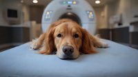 Golden Retriever dog lying on medical CT scanner table in veterinary clinic, showing pet healthcare and modern veterinary diagnostics technology.