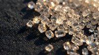 Sparkling clear crystal gems scattered on dark textured surface with golden light reflections creating luxury jewelry and gemstone concept for design projects.
