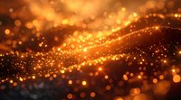 Abstract golden particles flowing in dark space with glowing bokeh effect and light waves create magical atmospheric background for festive designs.