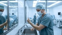 Male surgeon in scrubs and surgical mask preparing medical instruments in sterile hospital operating room with modern equipment and bright lighting.