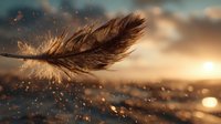 Brown feather floating over ocean water at sunset with golden light particles and bokeh effect creating dreamy atmosphere.