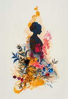 Female silhouette with floral elements in navy blue, orange and pink watercolor style on light background, artistic botanical composition with leaves and flowers.