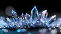 Luminous blue crystal formation with pointed quartz clusters emerging from dark surface, glowing with ethereal light and bokeh effects in background.