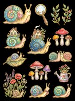 Whimsical garden snails with ornate shells, mushrooms, flowers, watering can, and magnifying glass isolated on transparent background. Ready for t-shirt designs, stickers, clipart, sublimation, and print-on-demand projects.