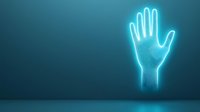 Glowing neon blue hand silhouette on dark background with copy space, modern minimalist design for technology and artificial intelligence concepts.