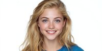 Young blonde woman with bright smile wearing blue top against white background, perfect for advertising, lifestyle blogs, or dental care promotions.